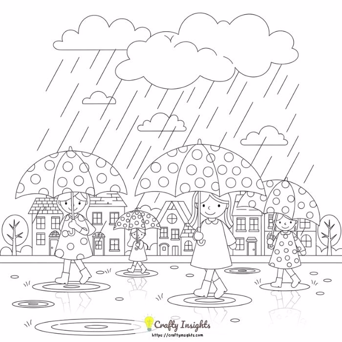 Rainy Day Scene with Polka Dot Umbrellas