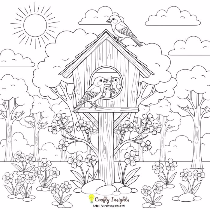 Rustic Birdhouse with a Family of Bluebirds