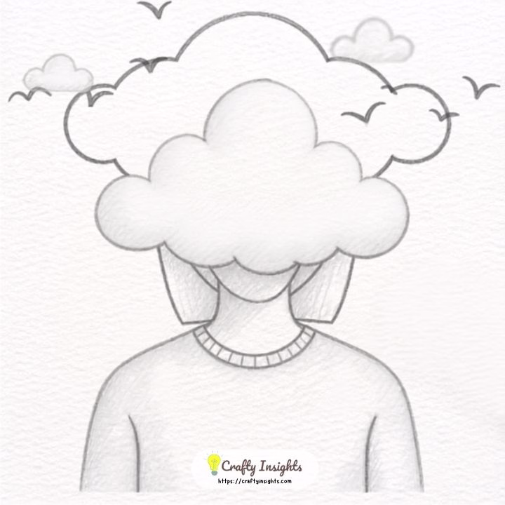 Daydreaming face drawing surrounded by soft clouds