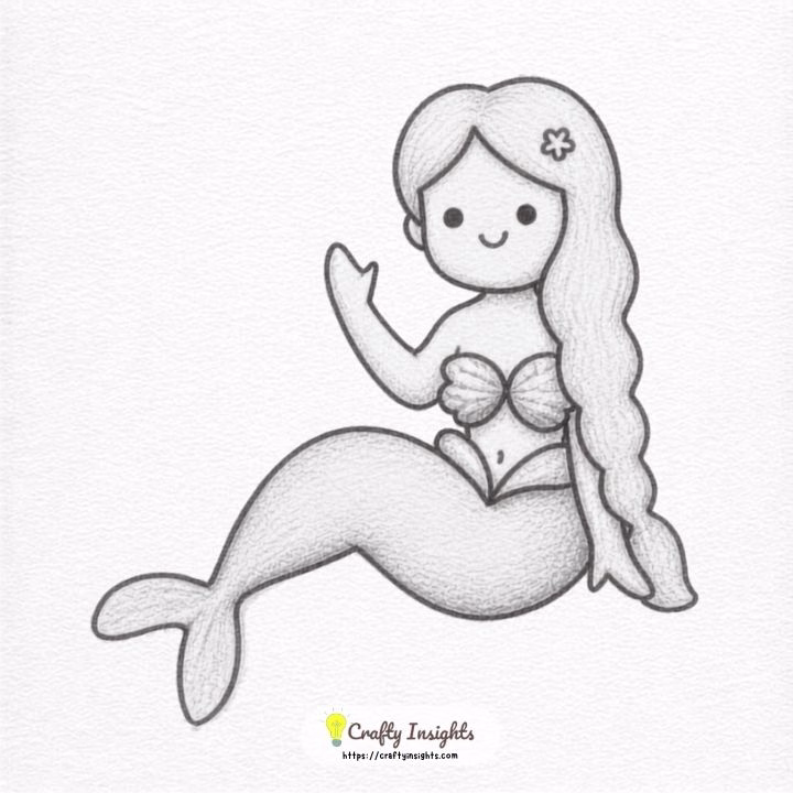 Cute mermaid drawing with long hair and a curved fish tail