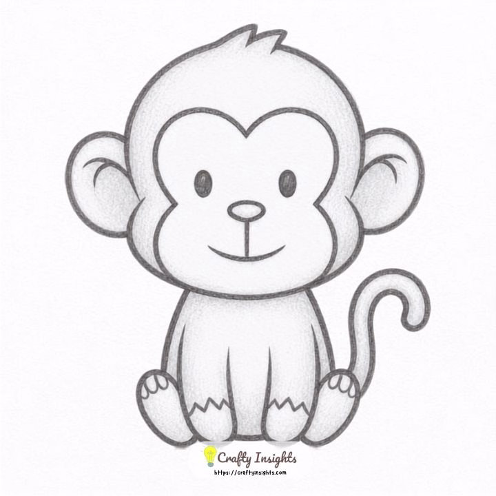 Cute monkey with round ears and a curly tail perfect for easy drawing