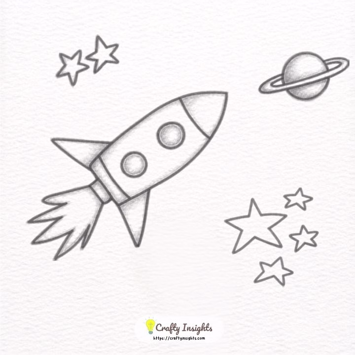 Cute rocket ship drawing with stars and a nearby planet