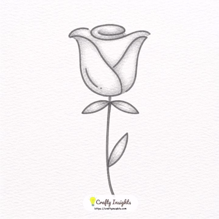 Simple rose drawing with layered petals, a stem, and leaves