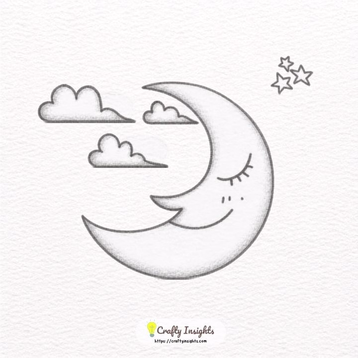 Cute sleeping crescent moon drawing with a closed eye and stars