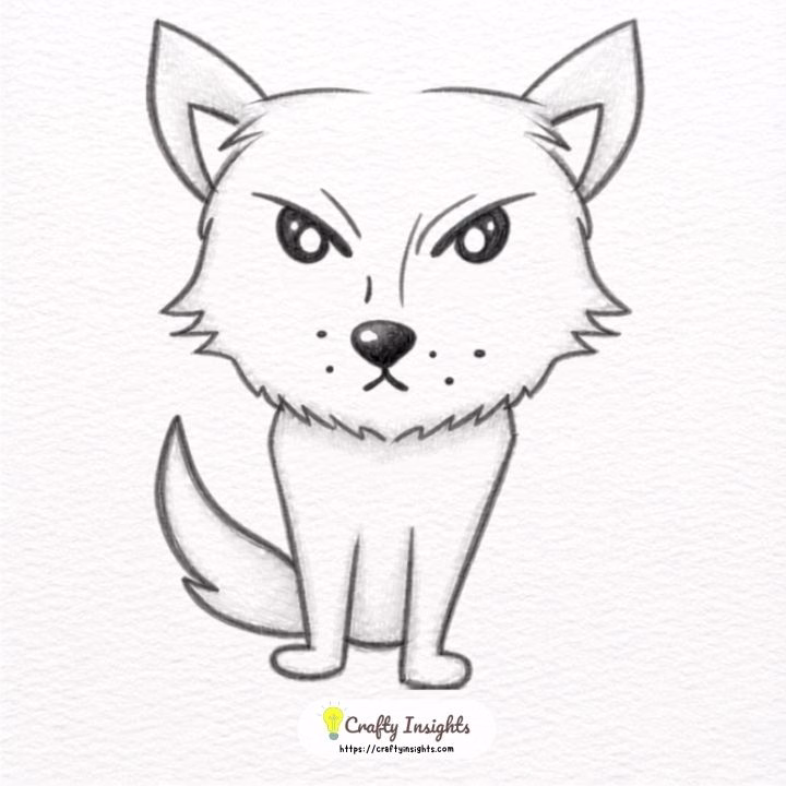 Cute wolf face drawing with pointed ears and fur details