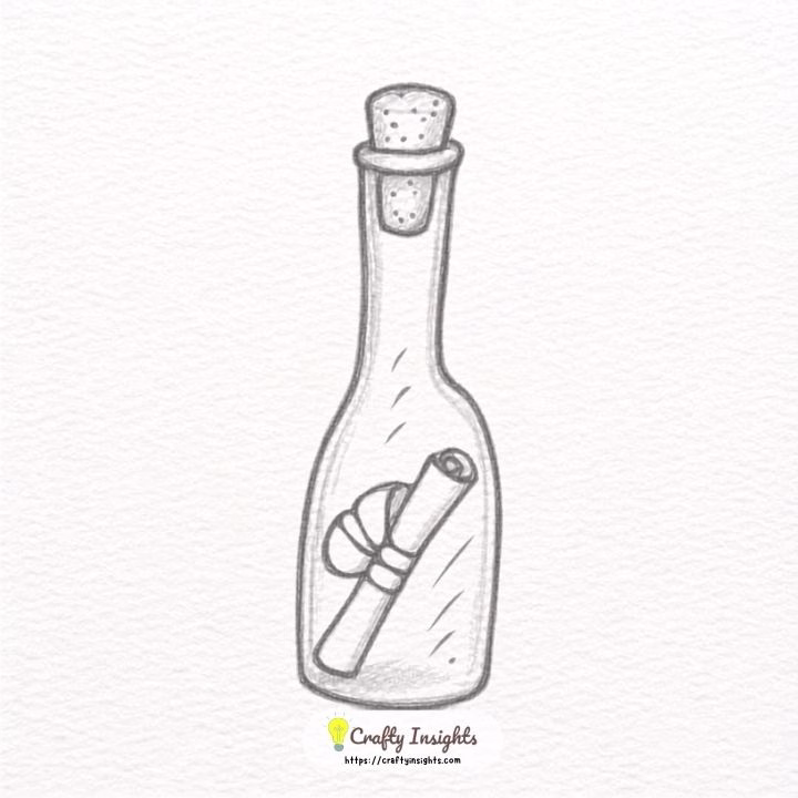 Message in a bottle drawing with rolled paper inside